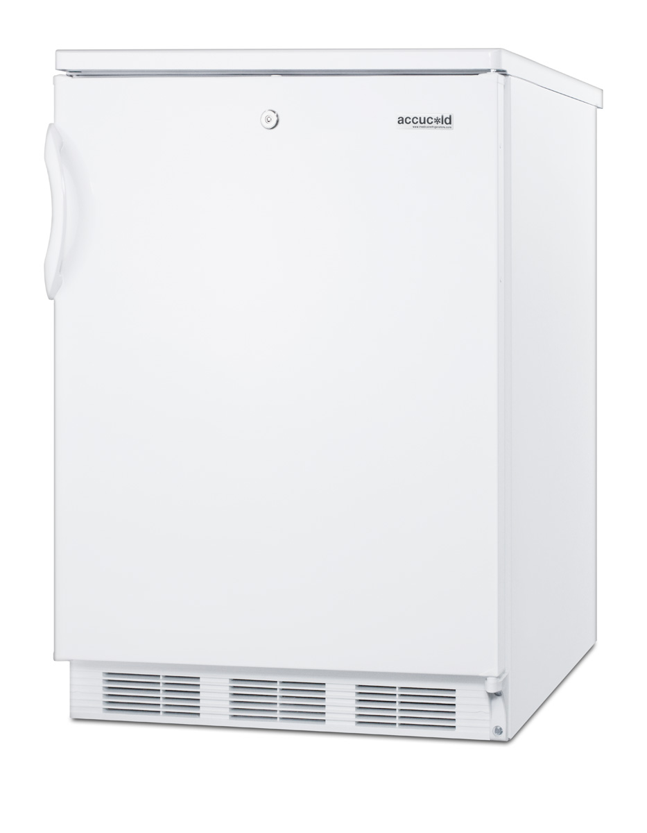 Freestanding ADA compliant refrigerator-freezer for general purpose use, with dual evaporator cooling, cycle defrost, lock, and white exterior